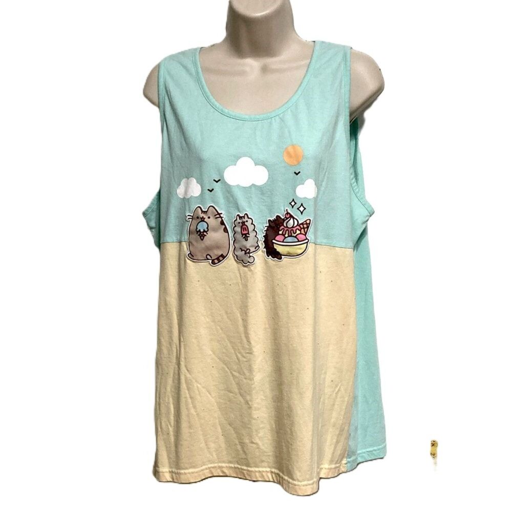 PUSHEEN Tank Top Sleeveless Teal Yellow Cat Applique Beach Print  Womens XL